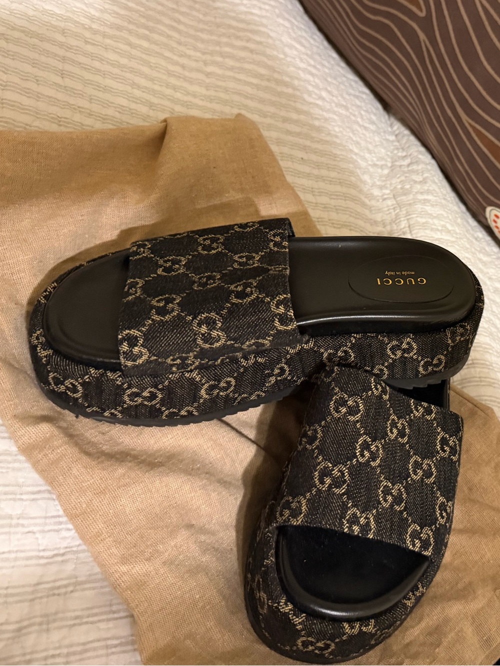 Gucci Black and Brown GG Monogram Slide Sandals for women